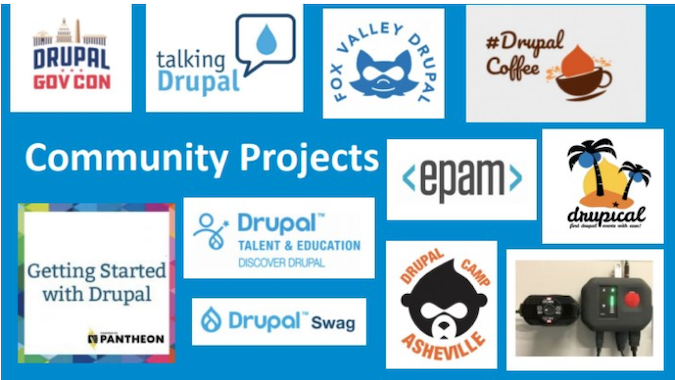 一张幻灯片，上面展示了许多 Drupal 社区项目徽标，包括区域性 Drupal 聚会、Drupal 咖啡、Drupal 人才和教育， 表明参与社区项目有着大量和广泛的机会。